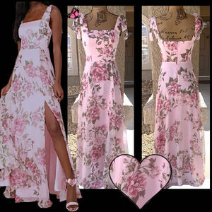 Lulus Pink Floral Tie-Strap Square Neck Love Me Forever Maxi Dress Size XS